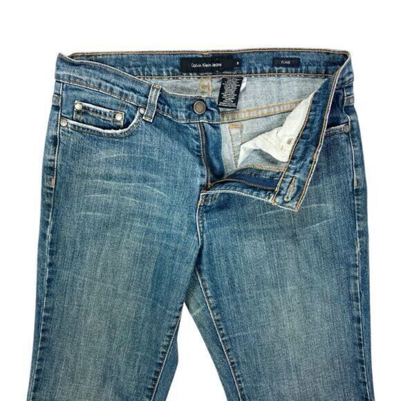 Calvin Klein Bootcut Jeans Womens 8 Blue Med Washed Distressed Flare Leg Denim - Picture 3 of 15